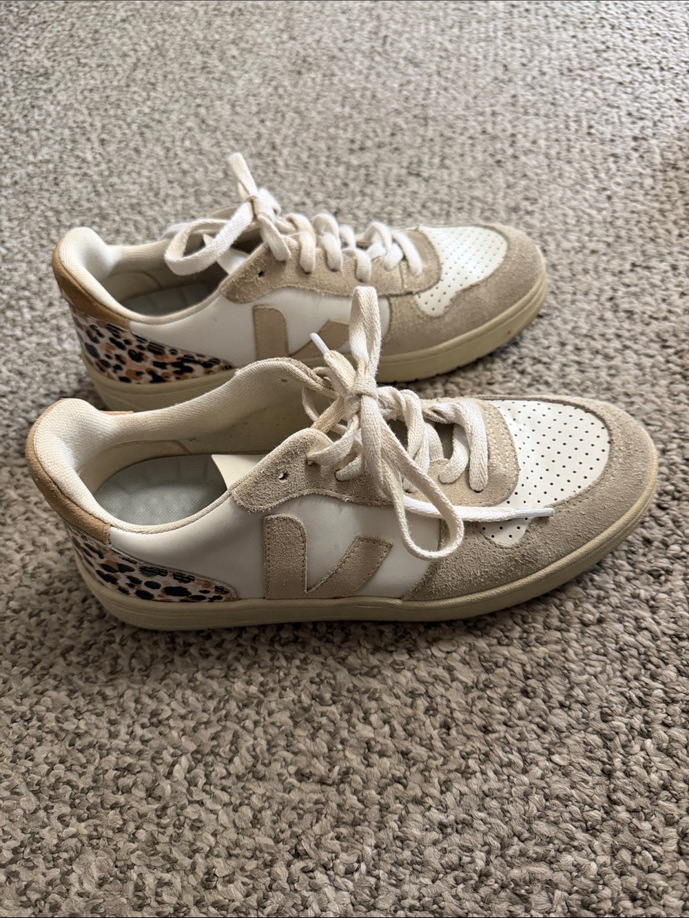 Women's Beige & White Fashion Sneakers with Leopard Accent